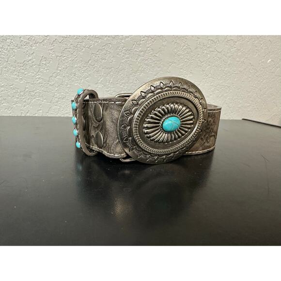 Western Cowgirl 100% Genuine Leather Belt Women S/M Turquoise Buckle Festival - Picture 1 of 6